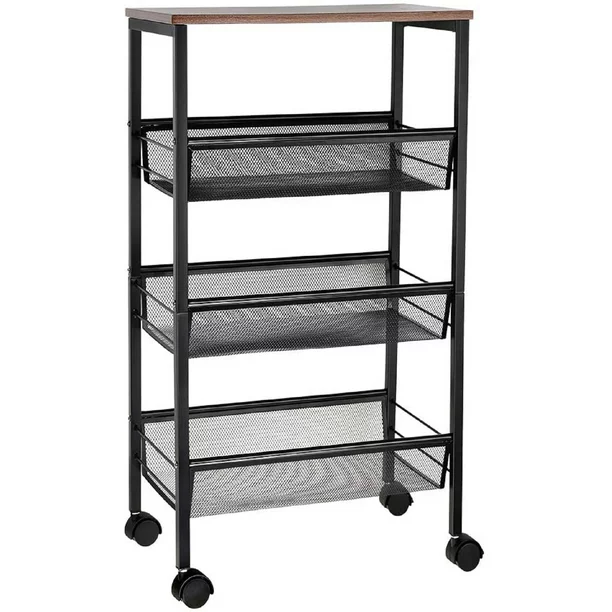 Photo 1 of  Rustic 3-Tier Metal Wire Storage Kitchen Cart on Wheels, Black 
