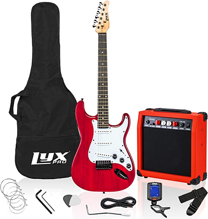 Photo 1 of LyxPro 39 inch Electric Guitar Kit Bundle with 20w Amplifier, All Accessories, Digital Clip On Tuner, Six Strings, Two Picks, Tremolo Bar, Shoulder Strap, Case Bag Starter kit Full Size - Red

