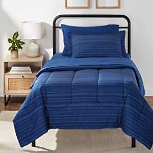 Photo 1 of Amazon Basics Lightweight Microfiber Bed-In-A-Bag 5 Piece Comforter Bedding Set, Twin/Twin XL, Blue Calvin Striped