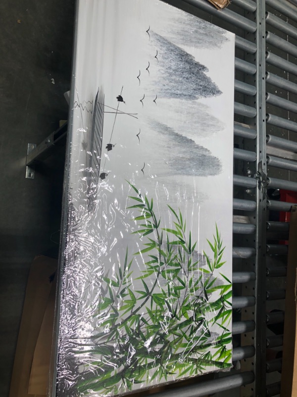 Photo 1 of Chinese Shanshui Painting Black and White Landscape Wall Art Green Bamboo Canvas Artwork 40 x 20 inch