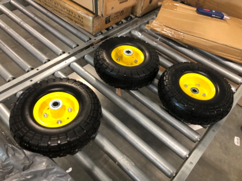 Photo 2 of (4-Pack)10-Inch Solid Rubber Tires and Yellow Wheels-Replacement 4.10/3.50-4”Tires and Wheels with 5/8” Axle Bore Hole, 2.17”Offset Hub, and Double Sealed Bearings-Perfect for Gorilla Carts…