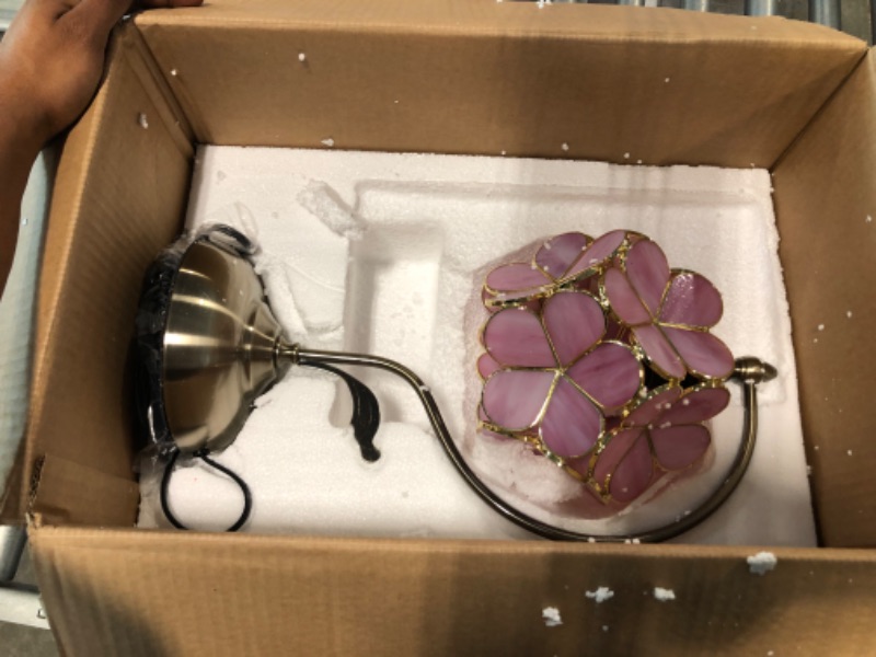 Photo 2 of Bieye L10732 Cherry Blossom Tiffany Style Stained Glass Table Lamp with Petal Lampshade Vintage Brass Base, 8" D x 10" W x 17" H (Pink) 8" Cherry Blossom Pink