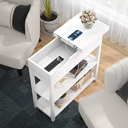 Photo 1 of Aheaplus Sofa Side Table with USB Ports and Outlets, Narrow End Table with Charging Station, Bedside Nightstand with Storage Shelves, Slim Side Table Flip Top for Small Space, Living Room, Metal Frame White 1