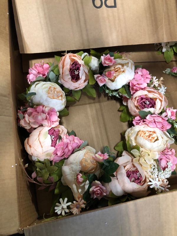 Photo 3 of Artificial Wreath, OrgMemory Floral Wreath, (Welcome Sign, 20”, Metal Hanger), Peony Flower Wreath for Home Party Festival Wedding Decor (Peony Champagne)