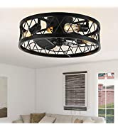 Photo 1 of YYEHON Bladeless Ceiling Fan with Lights and Remote, 17.7" Caged Industrial Fandelier, Indoor Crystal Chandelier Fan Light for Bedroom, Living Room, Dinning Room, Kids Room, Black