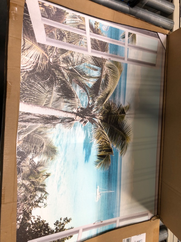 Photo 2 of ARTISTIC PATH Beach Window Canvas Wall Art: Open Window Tropical Palm Trees & Boat in Blue Ocean Prints Artwork for Office (36''W x 24''H,Multi-Sized) 36"x24" palm tree