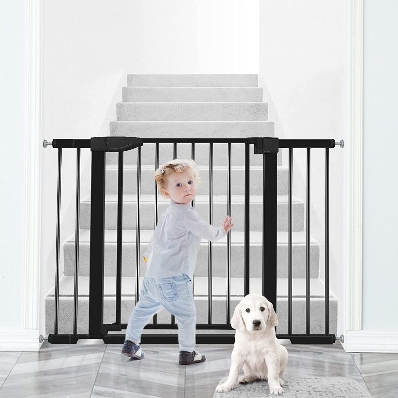 Photo 1 of 29.3"-46" Wide Auto Close Safety Baby Gate, Yacul Pressure Mount Child Gate, 30" Tall, Easy Walk Thru Dog Gate for House, Stairs, Doorways, with 3 Extensions 2.75", 2.75", 8.25", Black