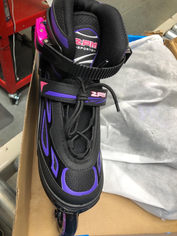 Photo 3 of 2PM SPORTS Vinal Girls Adjustable Flashing Inline Skates, All Wheels Light Up, Fun Illuminating Skates for Kids and Men- Azure Small (1Y-4Y US) Violet & Magenta Large - Youth (4-7 US)