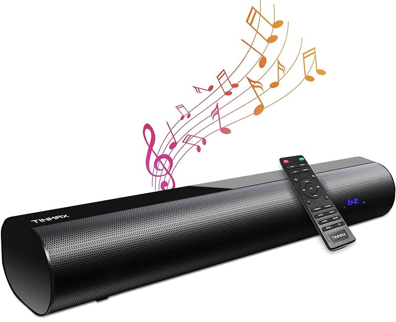 Photo 1 of Eswad 60W Sound Bars for TV, 19-Inch Small Sound Bar, Mini Soundbar, 4 EQ, Wireless Bluetooth 5.0 TV Speaker, Built-in DSP, Optical/Aux/USB, Remote Control, Wall Mountable (Black) --- Couldn't test, Missing Power Adaptor, Missing Optical Cord ---