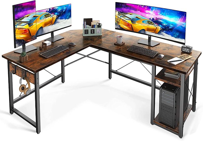 Photo 1 of Coleshome L Shaped Computer Desk 59" with Storage Shelves, Corner Gaming Desk, Sturdy Writing Desk Workstation, Modern Wooden Desk Office Desk, Wood & Metal, Vintage
