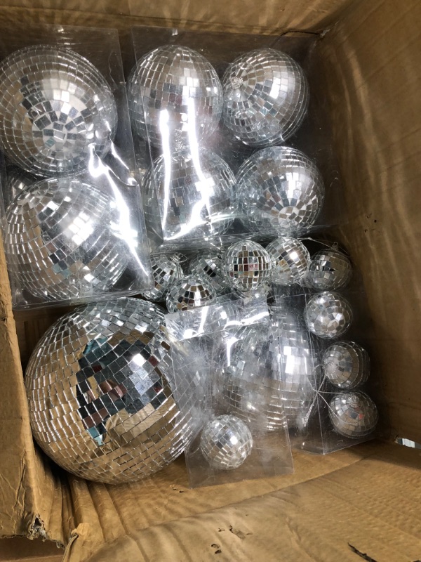 Photo 3 of 20 Pcs Hanging Mirror Disco Ball Ornaments Glass Disco Balls Decoration Different Sizes 70s Reflective Mini Disco Ball Decor with Rope (4 Inch, 3. 2 Inch, 2 Inch)