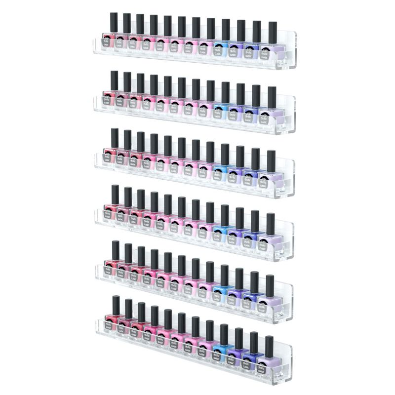 Photo 1 of FEMELI Nail Polish Wall Rack 6 Shelves,Clear Acrylic Nail Polish Holder Organizer for 66-90 Bottles, Multi-purpose Acrylic Floating Shelves