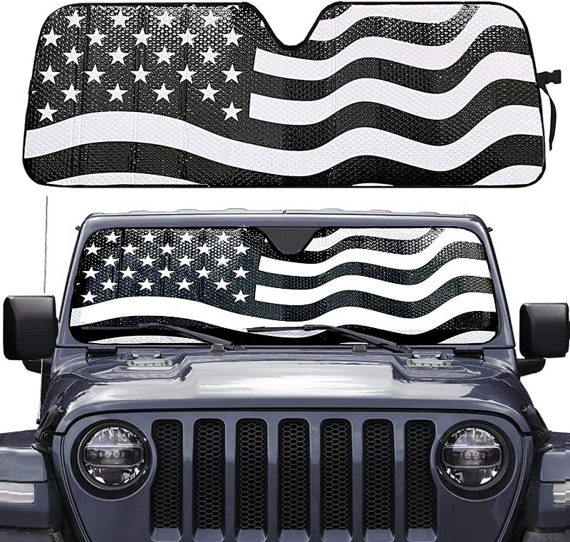 Photo 1 of Big Ant Windshield Sun Shade,Black American Flag Car Sun Shade for Jeep Wrangler Rubicon Sahara TJ JK JKU 2 Door & 4 Door, UV Rays Blocker Sun Visor Shade Keep Vehicle Cool