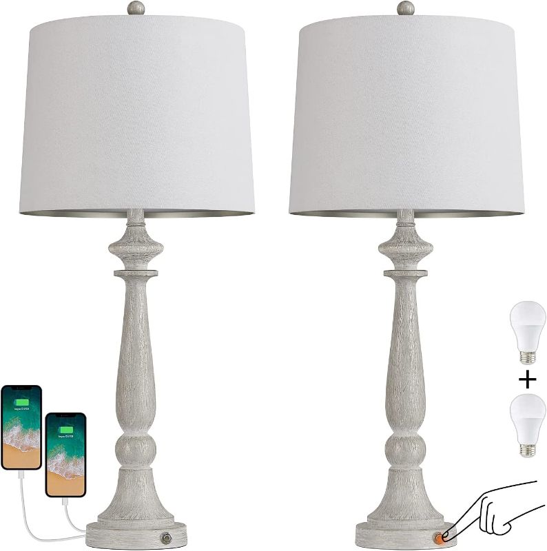 Photo 1 of BOBOMOMO 27.5'' Classic 3-Way Dimmable Touch Control Table Lamp Set of 2 with 2 Charging Ports Antique Nightstand Lamp for Bedroom Living Room Resin Retro Bedside Desk Lamps with White Fabric Shade
appears new open box
