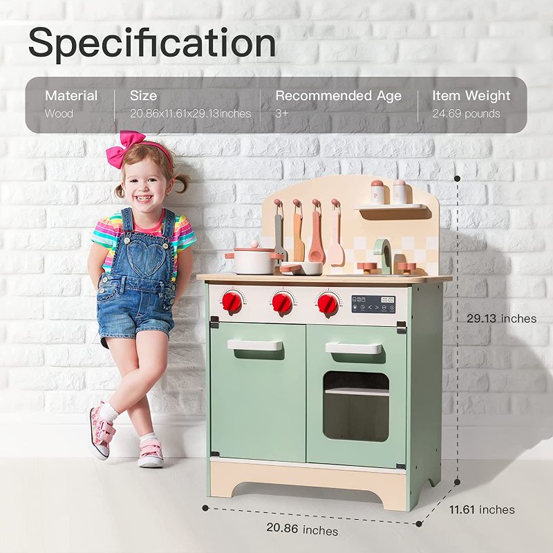 Photo 1 of ROBOTIME Wooden Kitchen Playset for Kids Toddler, Wood Chef Pretend Play Kitchen Preschool Toy Kitchen Sets for Kids Boys Girls Ages 3 to 8 (Green)
