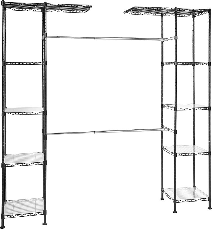 Photo 1 of Amazon Basics Expandable Metal Hanging Storage Organizer Rack Wardrobe with Shelves, 14"-63" x 58"-72", Black