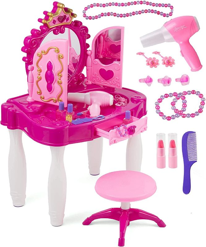 Photo 1 of Eohemeral Toddler Vanity Makeup Table with Mirror and Chair, Toddler Kids Makeup Vanity Set with Accessories and Lights and Music Sound, Girls Vanity for Toddlers 3-5 Years Old