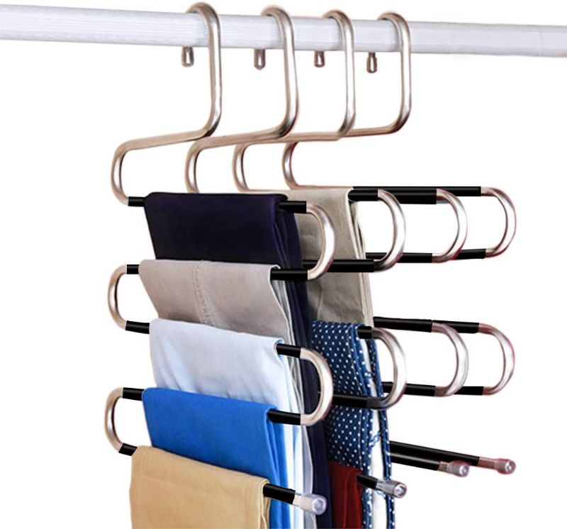 Photo 1 of Non-Slip Pants Hangers S-Shape,Multi Layers Space Saving Non Slip Stainless Steel Clothes Hangers Closet Organizer for Pants Jeans Trousers Scarf(6 Pack)
