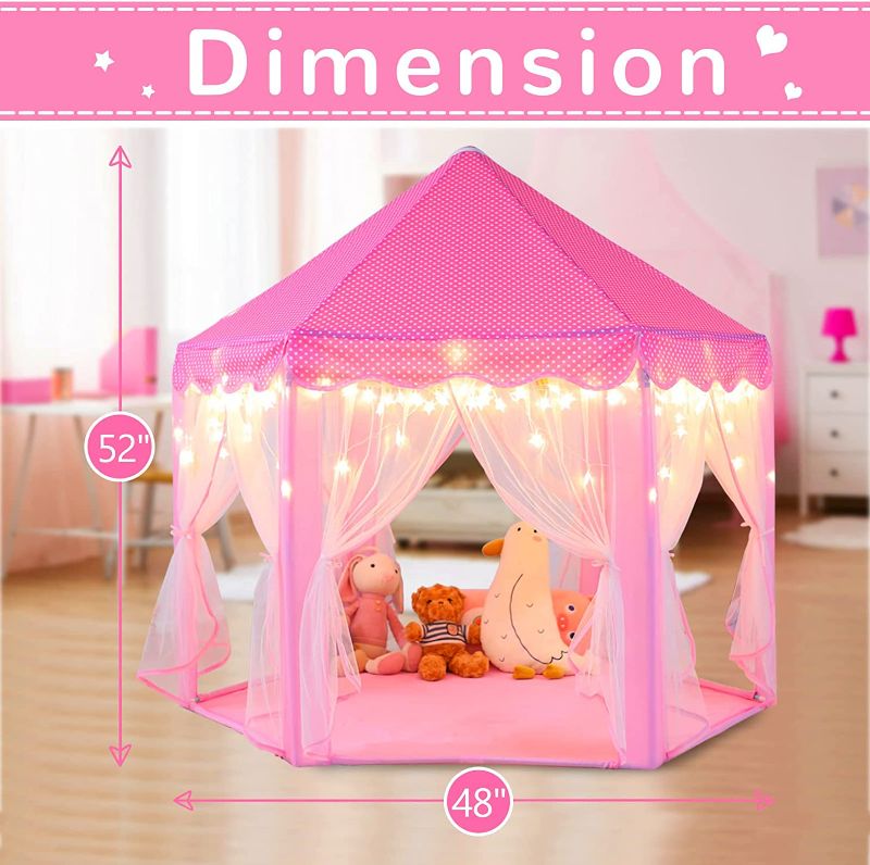 Photo 1 of  Princess Tent with Rug, Star Lights, Starry Projector Night Light for Girls, Pink Play Tent for Kids, Girls Toys Set for Indoor and Outdoor Games, Princess Castle Playhouse
small stain on back of carpet
