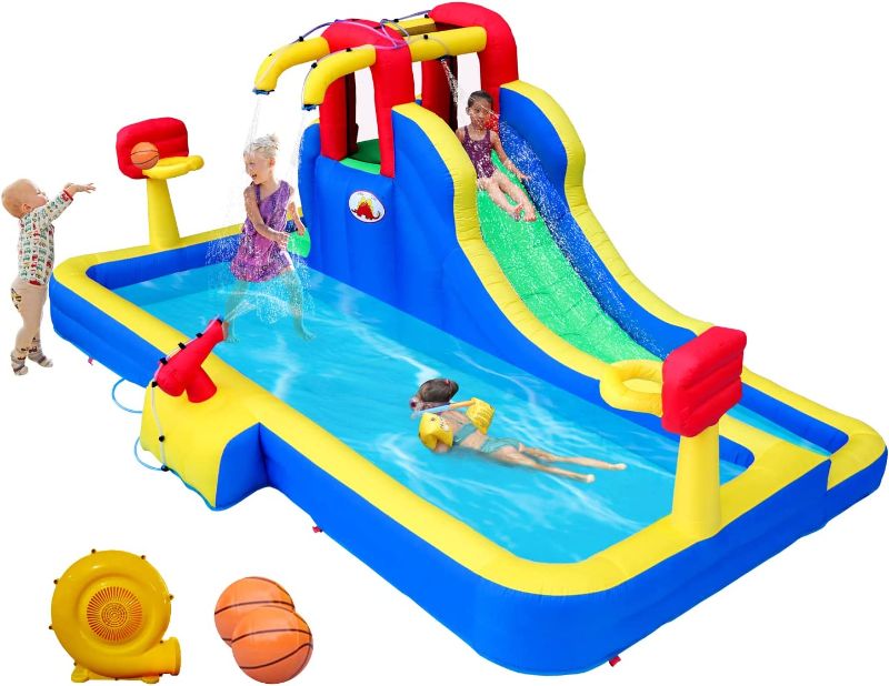 Photo 1 of WELLFUNTIME Inflatable Water Park with Blower, Slide with Water Cannon and Double Basketball Rings
appears new open box
