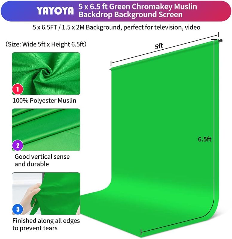 Photo 1 of YAYOYA Green Screen Backdrop Kit with Stand 5x6.5ft, Photography Backdrop Background Stand with Chromakey Green Screen Background and 4 Backdrop Clamps, for Photoshoot Televison Online Meetings Zoom T-shape Backdrop Stand + Green Backdrop