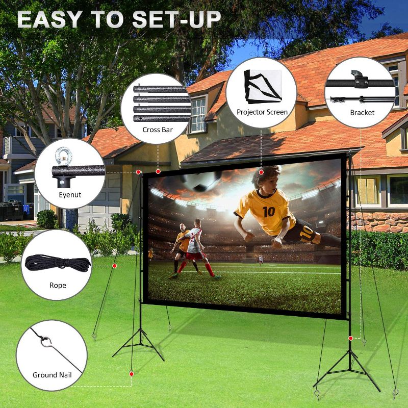 Photo 1 of Projector Screen with Stand 120inch Portable Projection Screen 16:9 Projections Movies Screen for Indoor Outdoor Home Theater Backyard Cinema Trave
