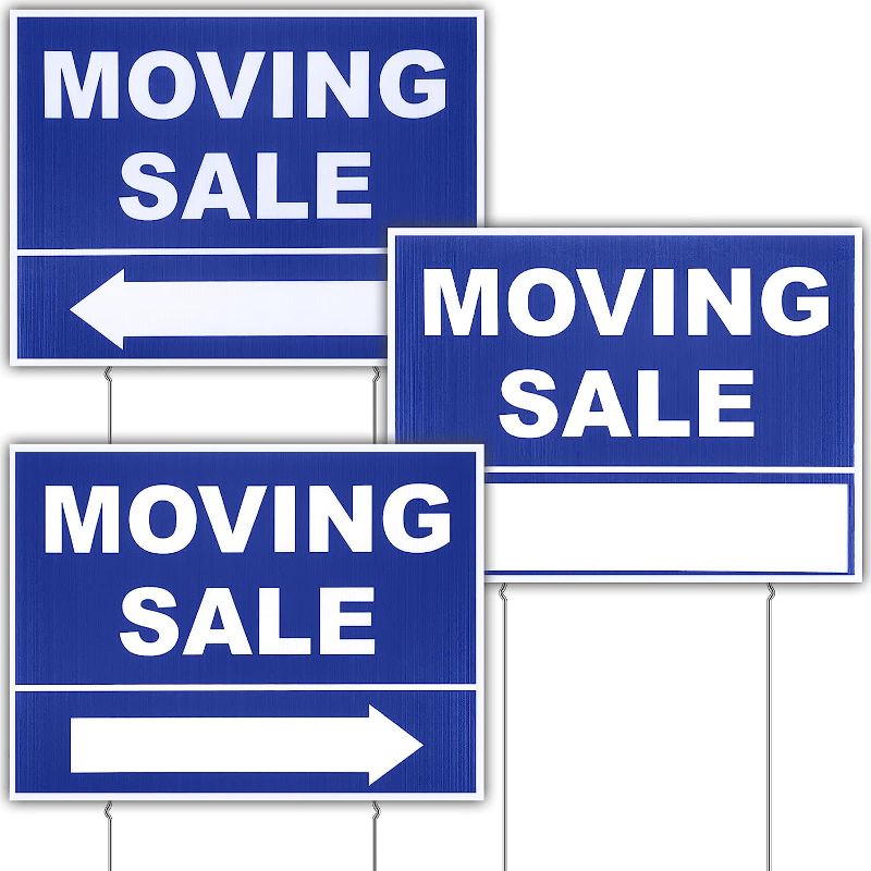 Photo 1 of 3 Pack Moving Sale Sign Kit 12 x 16 Inch Double Sided Yard Sale Signs with Stakes Corrugated Plastic Estate Sale Signs with Directional Arrows for Real Estate Agents Supplies (Blue)