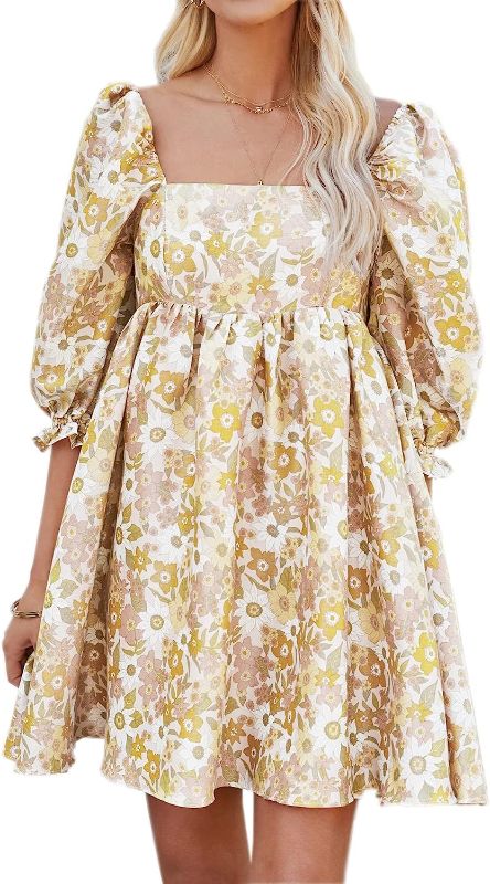 Photo 1 of Womens Puff Sleeve Floral Print Dress Babydoll Square Neck A Line High Waist Ruched Summer Mini Dresses (MEDIUM)