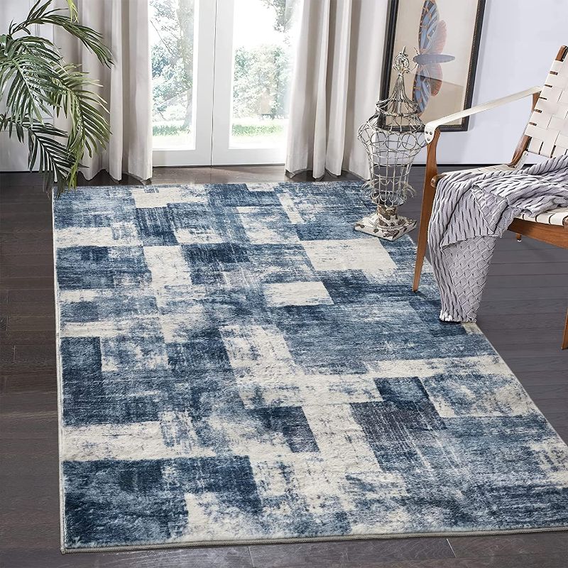 Photo 1 of Area Rug Living Room Rugs: Indoor Soft Small Low Pile Carpet Abstract Decor Large Washable for Bedroom Dining Room Under Kitchen Table Home Office - Blue/Ivory 50x84"