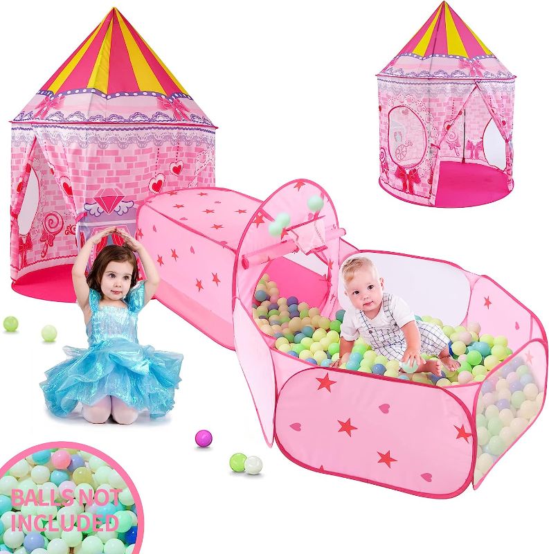 Photo 1 of LOJETON 3pc Princess Fairy Tale Kids Play Tent, Cube Crawl Tunnel, Ball Pit for Toddlers, Indoor & Outdoor Playhouse Castle Toys, Baby Boys Girls Gift for 3 4 5 6 7 Years Old, Lightweight