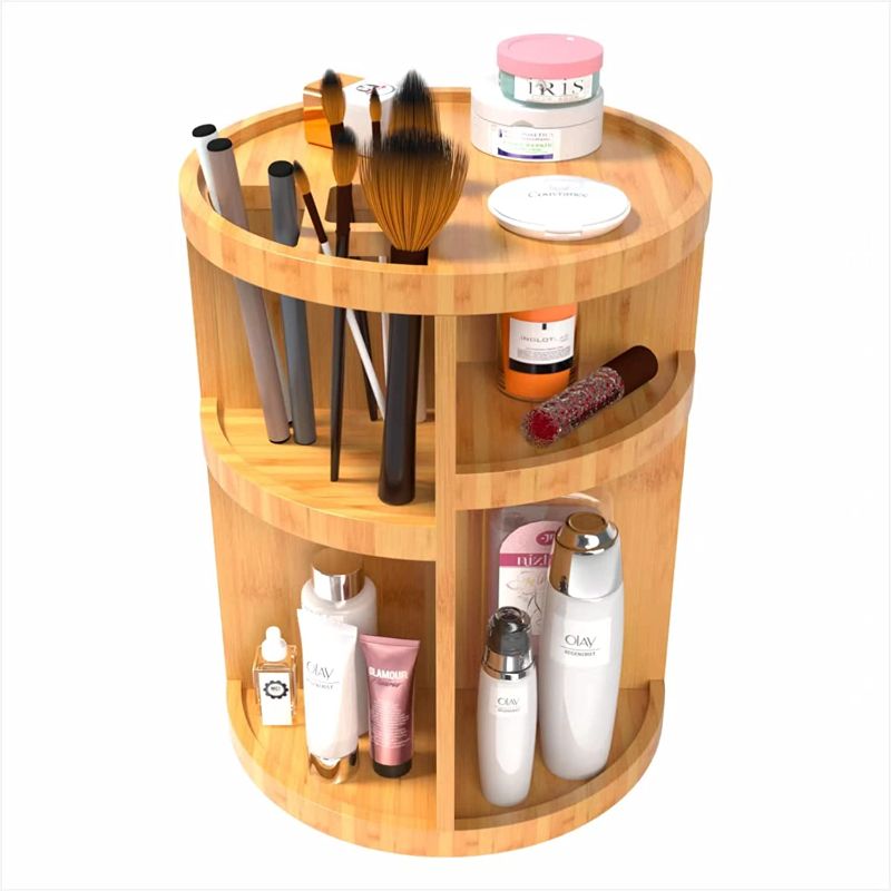 Photo 1 of AJIAAIONE 360° Bamboo Makeup Organizer, Cosmetics Organizer?Multi-Function Storage Carousel for Makeup, Toiletries, and More — Great for Vanity, Desk, Bathroom, Bedroom, Closet, Kitchen