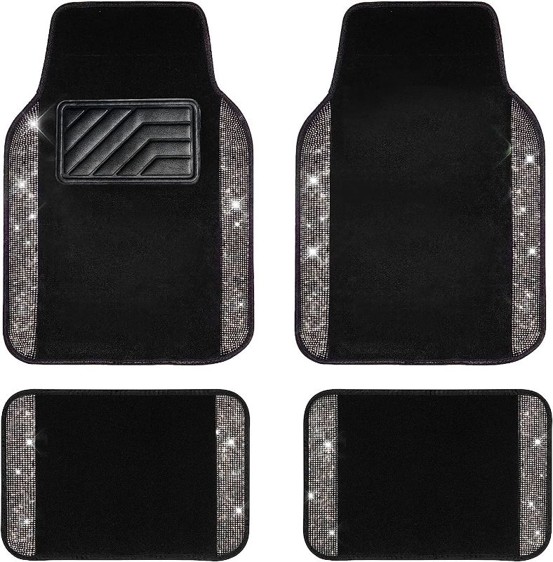 Photo 1 of CAR PASS Shining Rhinestones Carpet, Bling Crystal Diamond Sparkly Glitter Car Floor Mats with Anti-Slip PVC Heel Pad Automotive Universal for SUV,Sedan,Car,Van,4pcs for Girl Women (Black Silver)