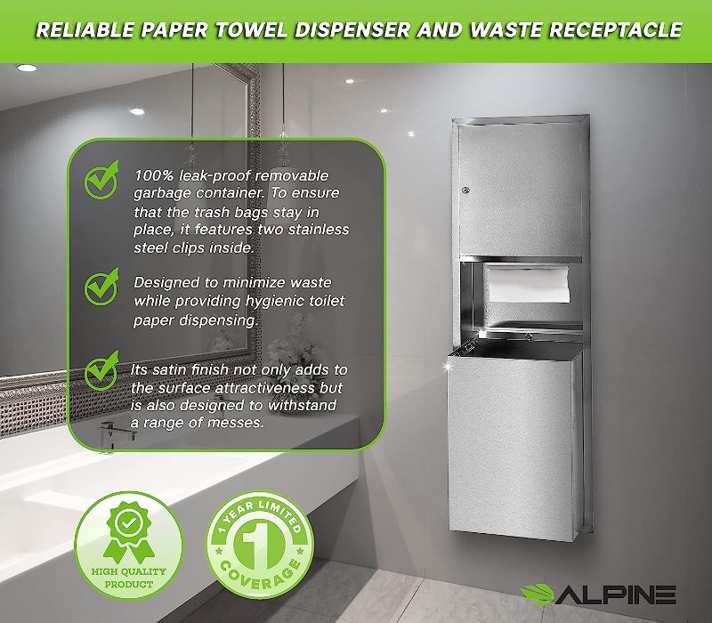 Photo 1 of Alpine Commercial Paper Towel Dispenser and Waste Receptacle Toilet Paper Dispenser, Rounded Tray for 600 C Fold or 800 Multifold Paper Towels 12-Gallon Capacity Stainless Steel Trash Bin 600 C-Fold