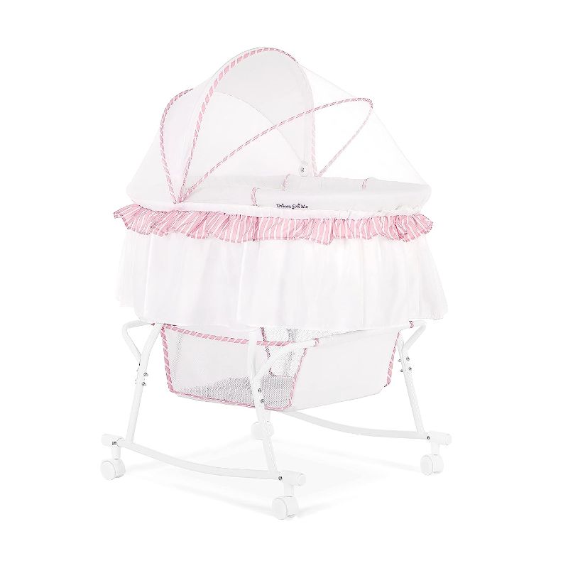 Photo 1 of Dream On Me Lacy Portable 2-in-1 Bassinet & Cradle in Pink and White, Lightweight Baby Bassinet with Storage Basket, Adjustable and Removable Canopy