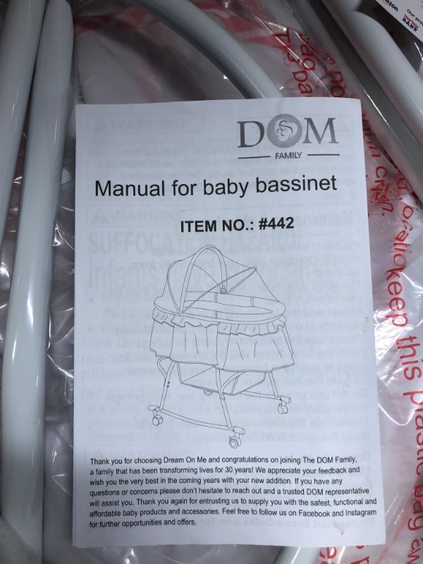 Photo 1 of Dream On Me Lacy Portable 2-in-1 Bassinet & Cradle in Pink and White, Lightweight Baby Bassinet with Storage Basket, Adjustable and Removable Canopy