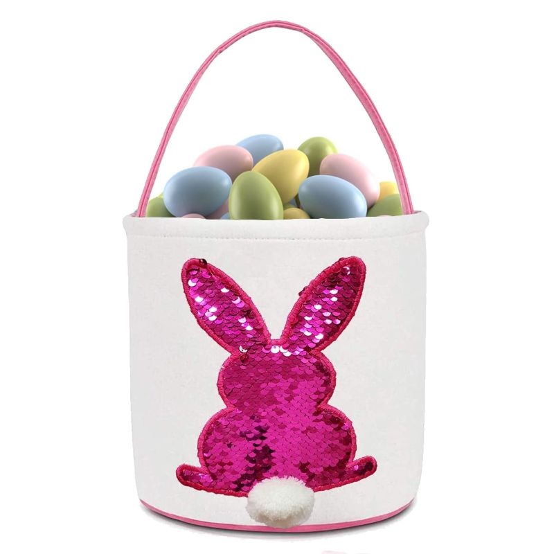 Photo 1 of 12  pack Easter Sequins Bunny Basket Bags for Kids Canvas Cotton Carrying Gift and Eggs Hunt Bag, Fluffy Tails Printed Rabbit Canvas Toys Bucket Tote (Pink)