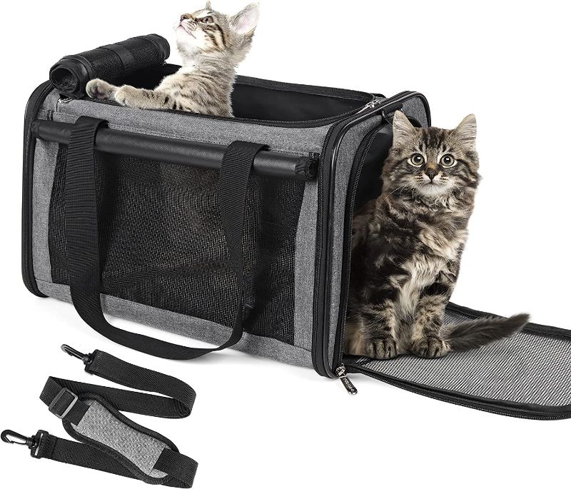 Photo 1 of YUDODO Pet Carriers Airline Approved Dog Cat Travel Soft Sided Carrier Reflective Mesh Safe Pet Cat Carrier Foldable Portable Small Animal Rabbit Puppy Cat Carrier Grey
