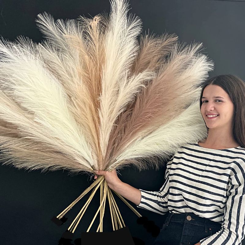 Photo 1 of 6 PCS Faux Pampas Grass Decor 43” Tall - Fake Pampas Grass Boho Decor - Floor Vase Filler Feathers Decor for Living Room, Kitchen Decor - Farmhouse Décor - Wedding Fake Plant (Natural)
