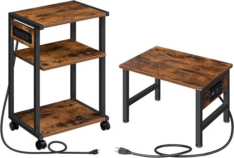 Photo 1 of HOOBRO Industrial Printer Stand with Charging Station, Printer Table, Rolling Printer Cart with Adjustable Shelf and Hook, Rustic Brown and Black BF28UPS01-BF01UPS01