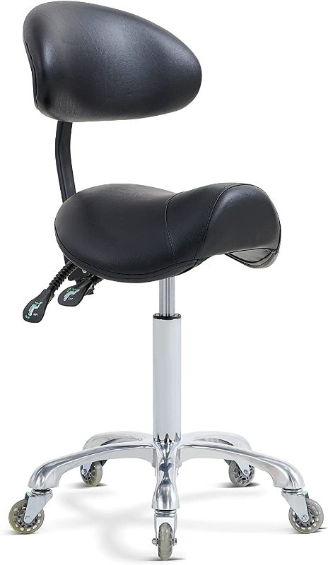 Photo 1 of addle Stool Rolling Chair with Back Support,Esthetician Tattoo Dental Stool Chair,Lash Chairs for Eyelash Tech Massage Salon(Black,with Backrest)