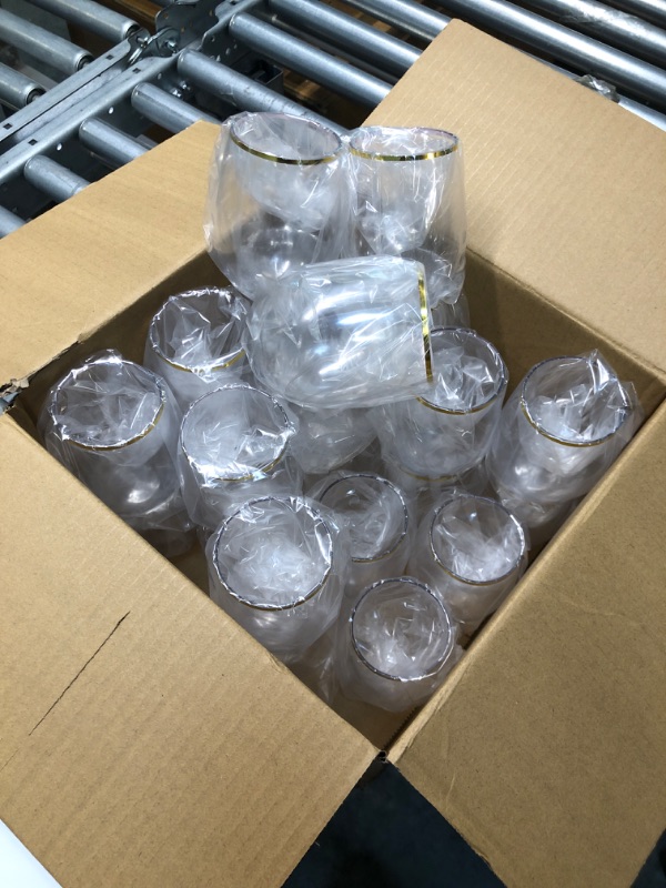 Photo 3 of 24 piece Stemless Disposable Unbreakable Crystal Clear Plastic Wine Glasses Set of 24 (10 Ounces - Gold Rim)