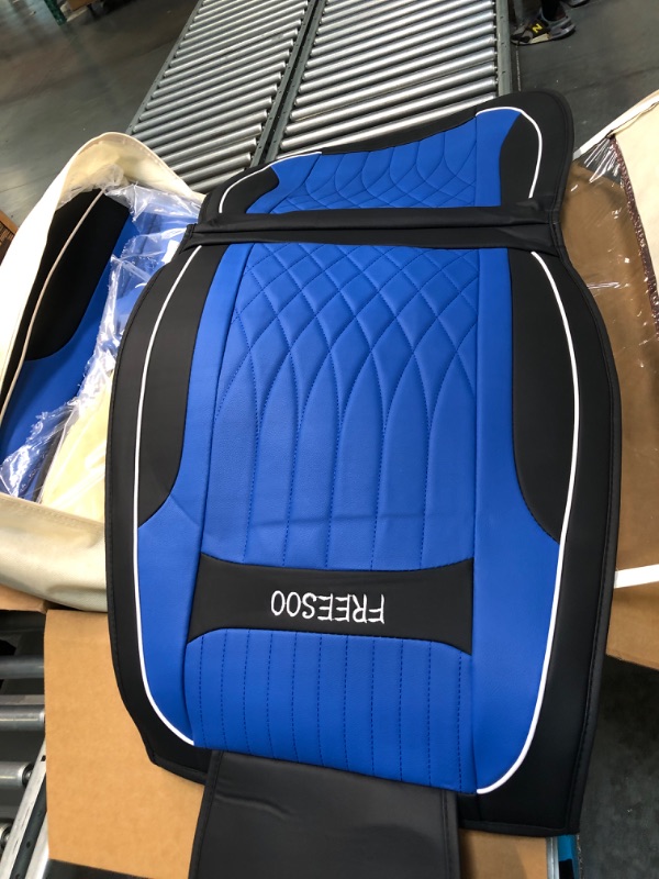 Photo 3 of FREESOO Car Seat Cover Leather, Waterproof Seat Covers Full Set Automotive Cushion Universal Fit 5 Seats Sedan SUV Pick-up Truck EV with Pillows (Black Blue 2) FR-02 Full Set B-Black Blue 2