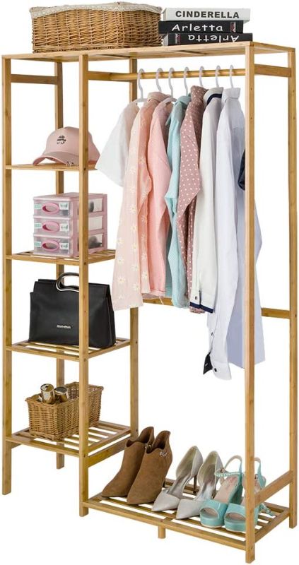 Photo 1 of COOGOU Bamboo Wood Clothing Garment Rack with Shelves Clothes Hanging Rack Stand for Child Kids Adults Cloth Shoe Coat Storage Organizer Shelf in Entryway Office Shop Laundry Corner Space Saving