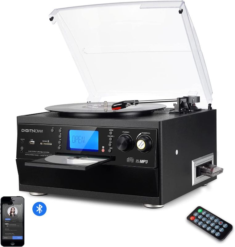 Photo 1 of  DIGITNOW Bluetooth Record Player Turntable with Stereo Speaker, LP Vinyl to MP3 Converter with CD, Cassette, Radio, Aux in and USB/SD Encoding, Remote Control, Audio Music Player Built in Amplifier