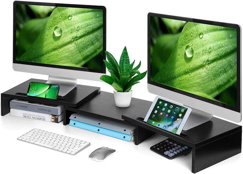 Photo 1 of AMERIERGO Dual Monitor Stand Riser for 2 Monitors, Monitor Stand for Desk, Adjustable Computer Monitor Stand with 2 Slot, Multifunctional Desktop Organizer Stand for Laptop, PC, Computer, Printer
