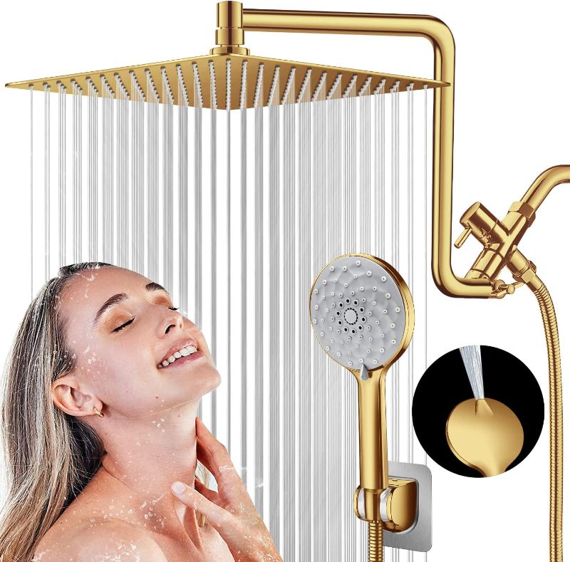 Photo 1 of 12'' Dual Shower Head,Upgraded Rain Shower Head with 12'' Adjustable Extension Arm and 6-Setting Handheld Shower Head Combo,Powerful High Pressure Shower Spray Against Low Pressure Water,Brushed Gold