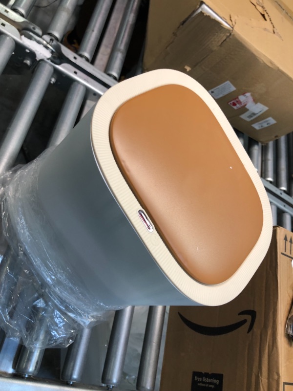 Photo 1 of AZZXZQYU Bathroom Trash Can, 4-Gallon Automatic Infrared Motion Sensing Kitchen Trash Can with Cover, ABS Plastic Portable Trash Can, Suitable for Home, Office and Outdoor (White+Coffee)