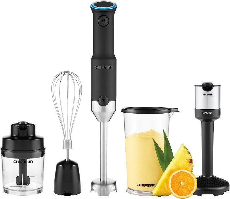 Photo 1 of CHEFMAN Cordless Portable Immersion Blender 5-in-1 Blender Set, Ice Crushing Power with One-Touch Speed Control, Comes with Potato Masher, Whisk, Chopper, Beaker, and Storage Case, Stainless Steel Cordless w/Chopper+Masher