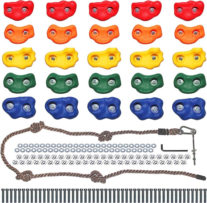 Photo 1 of Jungle Gym Kingdom Rock Climbing Holds for Kids - Indoor & Outdoor Rock Wall Climbing Kit with Mounting Hardware, Knotted Rope and Handles - Playground Accessories?