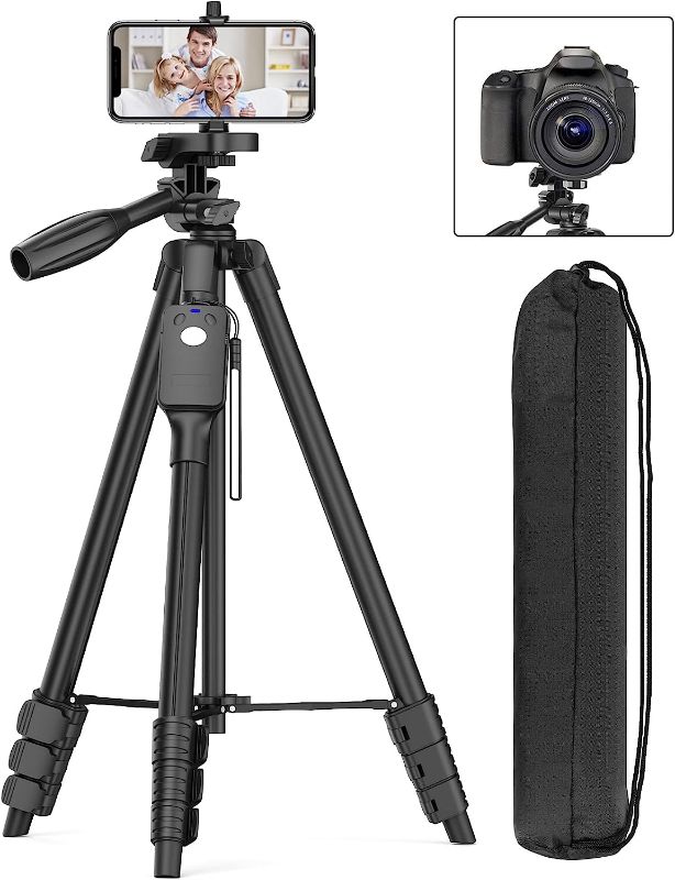 Photo 1 of 60" Camera Tripod with Travel Bag,Cell Phone Tripod with Remote,Professional Aluminum Portable Tripod Stand with Phone Tripod Mount&1/4”Screw,Compatible with Phone/Camera/Projector/DSLR/SLR